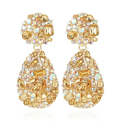 Rhinestone Statement Earrings Teardrop Costume Earrings Cluster Crystal Chandelier Drop Dangle Earrings for Women - color: Champagne