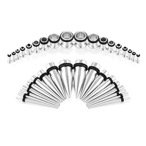 vcmart 14G-00G 36 pcs Ear Gauges Stretching Kit Tapers Plugs Eyelets Implant Grade Steel - color: Silver-tone