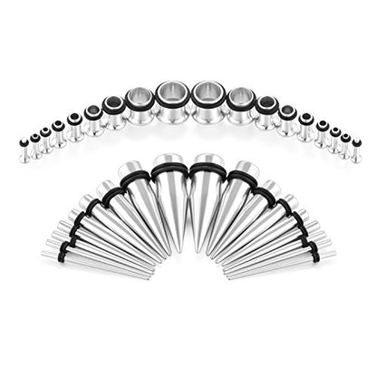 vcmart 14G-00G 36 pcs Ear Gauges Stretching Kit Tapers Plugs Eyelets Implant Grade Steel - color: Silver-tone