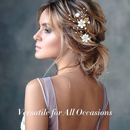 Cinaci 18 Pieces Bridal Wedding Party Prom Pearl Rhinestone White Flower Hair Side Combs Slides+U-shaped Flower Hair Pins+Twist Spiral Hairpins Floral Headpieces for Brides Bridesmaids Women Girls - color: Gold White