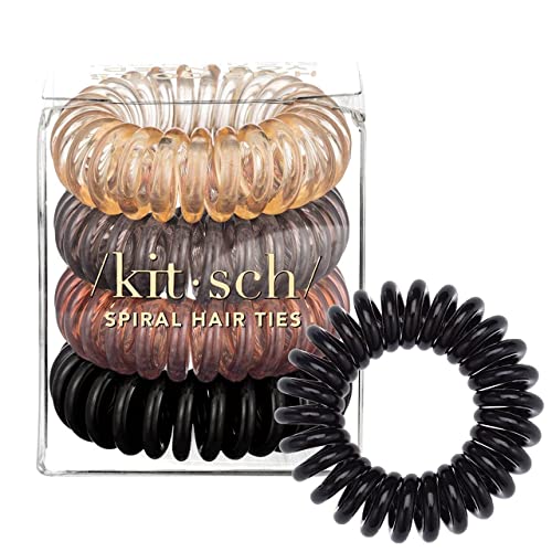 Kitsch Spiral Hair Ties for Women- Durable Hair Accessories- Brunette, 4pcs | Coiled Plastic Ponytail Holders for Thick and Thin Hair | Creaseless and Dent-Free Hair Ties No Damage | Phone Cord Style - color: Brunette, size: 4 Count (Pack of 1)