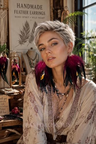 Boho Burgandy Feather Earrings for Women – Long Lightweight Statement Dangle Earrings for Festival, Gifts & Summer Style – FASHMOROUS