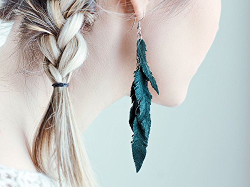 Leather Feather Earrings, Suede layered earrings, boho wedding jewelry, summer earrings, gift for her, dangle earrings - color: Dark green