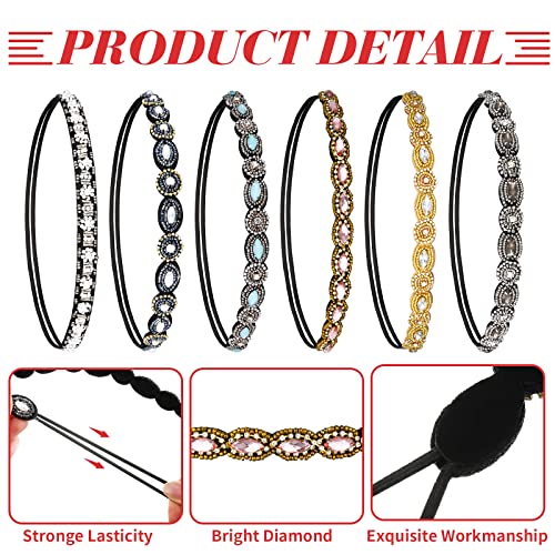 Jutom 6 Pack Rhinestone Beaded Headbands for Women, Elastic Rhinestone Hairbands Hair Accessories, Stretchy Fashionable Crystal Hairbands for Back to School Prom, Women Girls Birthday Gift