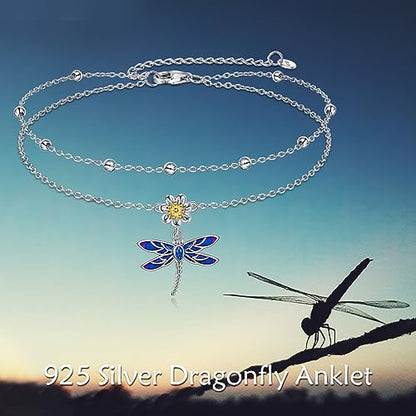 YAFEINI Anklet Bracelets for Women Girls Sterling Silver Hummingbird/Dragonfly/Butterfly Link Chain Anklets Jewelry Gifts - color: Layered dragonfly anklets