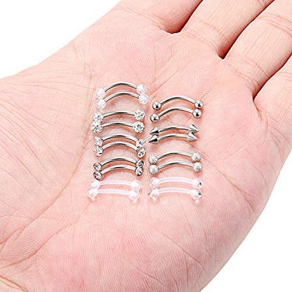 9 Pairs 16G Stainless Steel 3mm Clear CZ Glitter Ball Curved Barbell Eyebrow Tragus Lip Belly Ring Piercing Jewelry 3/8"(10MM) Silver - color: 18PCS - Silver