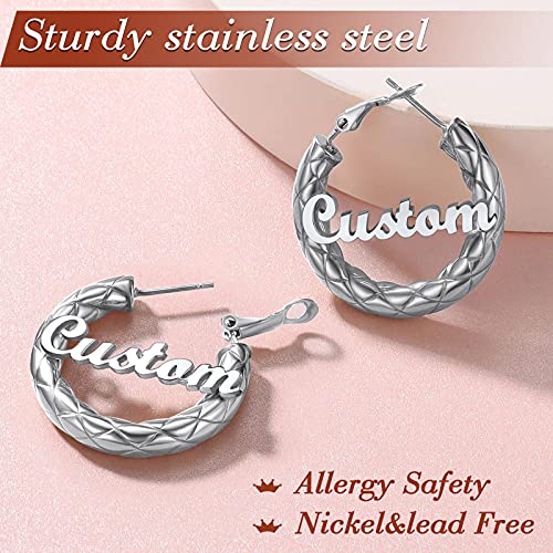FindChic Chunky Hoop Earrings for Women, Silver/Black/14K Gold Plated Crossover Patterned Hollow Tube Rounded Loop Earrings, 30mm/40mm/60mm/80mm Hoops with Custom Name Options and Gift Box - color: e.Silver (Custom Name), size: 30MM