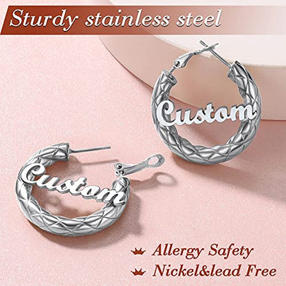 FindChic Chunky Hoop Earrings for Women, Silver/Black/14K Gold Plated Crossover Patterned Hollow Tube Rounded Loop Earrings, 30mm/40mm/60mm/80mm Hoops with Custom Name Options and Gift Box - color: e.Silver (Custom Name), size: 30MM
