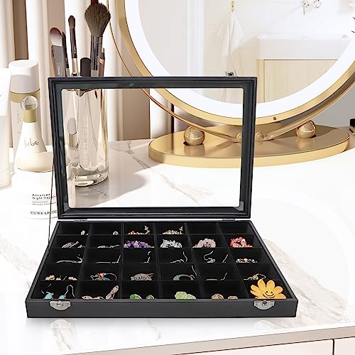 Wudygirl Earring Organizer Leather Jewelry Tray with Lid 13.7"x9.4" Black | 30 Grid Jewelry Organizer with Velvet Liner, Ideal for Jewelry Storage, Dresser Drawer or Gift, Dustproof Design - style: 30 Grid Tray