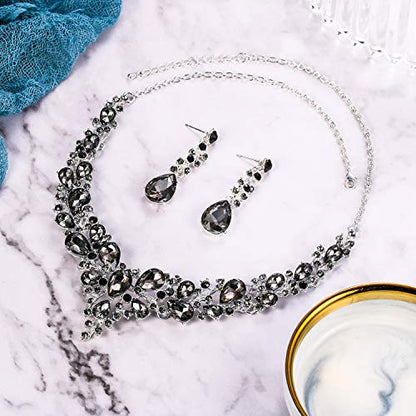 Women's Wedding Statement Necklace Dangle Earring Jewelry | Austrian Crystal Teardrop Cluster,Necklaces Earrings Set for Bride Bridesmaid,Prom Accessories - color: 08-Grey Black Silver-Tone