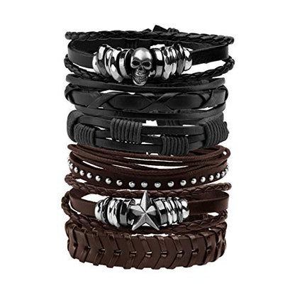 MILAKOO 6Pcs Punk Leather Bracelets for Women Men Braided PU Wristband Skull Skeleton Accessories - color: B: Black&Brown