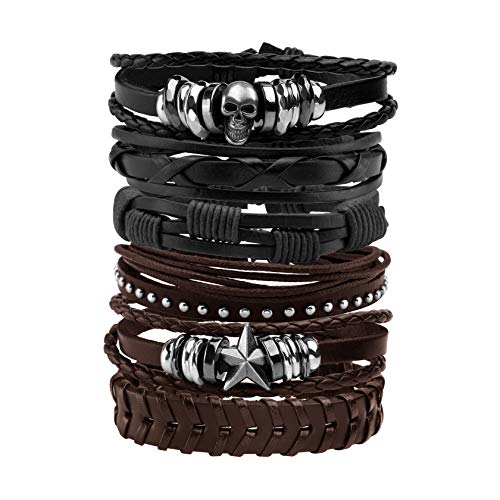 MILAKOO 6Pcs Punk Leather Bracelets for Women Men Braided PU Wristband Skull Skeleton Accessories - color: B: Black&Brown