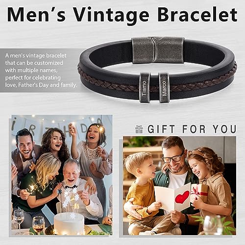 Personalized Bracelet for Men, Engraved Name Bead Braided Leather Bracelet for Dad Husband Grandpa Son, Custom Stainless Steel Men's Bracelet - color: 2 names