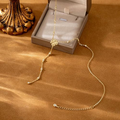 CHESKY Lariat Gold Necklace for Women, Dainty Long Necklace 14k Gold Plated Y-Shaped Pendant Necklace Trendy Layered CZ Beaded Chain Drop Necklaces Simple Gold Jewelry for Women Gifts - color: 9
