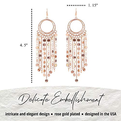 Bohemian Boho Tassel Dangle Drop Earrings for Women – Lightweight Filigree Gypsy Coin Chandelier Disc Charm Hoops – included Gift Box - style: Round - Rose Gold