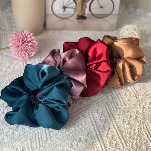 Big Satin Scrunchies for Women, 5.2 Inches Large Scrunchie, Silk Elastic Ponytail Holders for Girls, Jumbo Hair Ties for Thick/Curly Hair, Soft Scrunchy No Crease No Pilling, 4 Pack - color: Pruple+Coffee