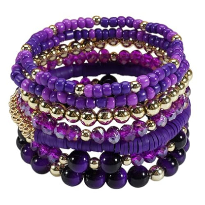 7/12Pcs Set Bohemian Stackable Crystal Seed Beaded Elastic Stretch Bracelet Multilayerd Handmade Brass Bead for Women Jewelry Surfer Heishi Polymer Clay Layering - color: purple