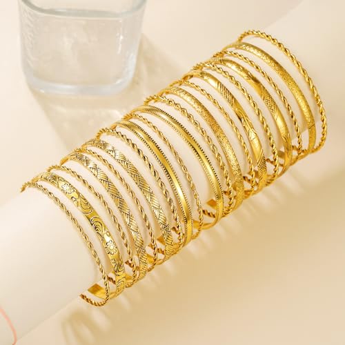 Gold Bangles for Women, 12 Pcs Boho Stackable Bracelets Multi Layer Textured Chunky Bracelets Jewelry Set for Women - color: Style F- 19 pcs gold