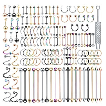 Oveta 150-151PCS Body Piercing Jewelry Lot 14G 16G 20G Stainless Steel Nose Lip Tongue Cartilage Tragus Eyebrow Industrial Barbell Belly Button Rings Piercing Kit Jewelry - style: 151pcs-Mixed Color