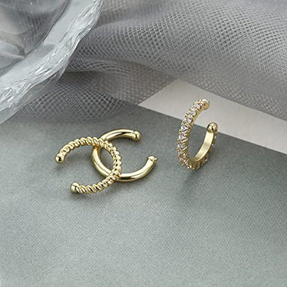 3Pcs 14K Gold Plated Cubic Zirconia Ear Cuffs for Non Pierced Ears Women, Hypoallergenic Sparkling Round Huggie Cartilage Earring Jewelry Gifts - color: gold