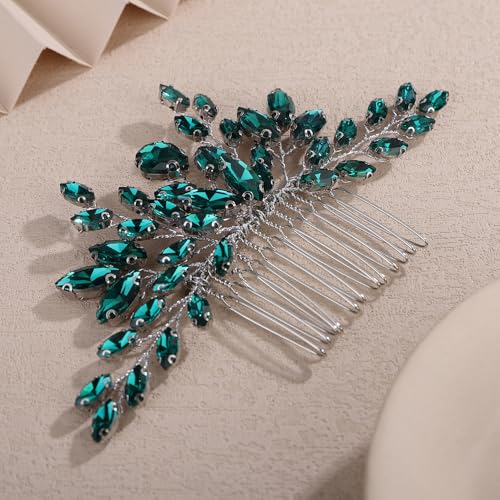 Teyglen Green Crystal Bride Wedding Hair Comb Full Rhinestone Wedding Hair Piece for Bride Wedding Hair Accessories Teardrop Crystal Hair Comb for Women Bridal Headpiece(Peacock green) - color: Peacock green