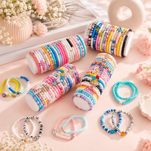 gisgfim 112 Pcs Beaded Friendship Bracelets Bulk Surfer Heishi Clay Stretch Y2K Bracelets Colorful Cute Boho Stackable BFF Bestie Inspirational Jewelry for Women Summer Beach Party Favors Style - style: Smile