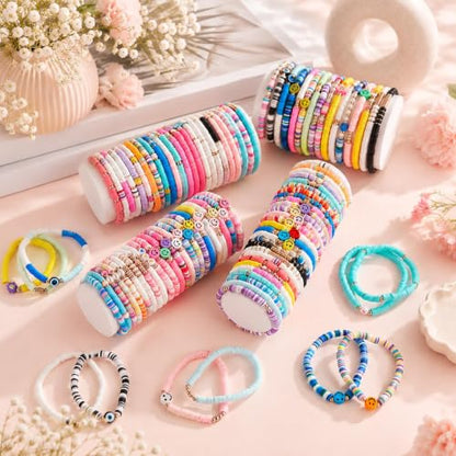 gisgfim 112 Pcs Beaded Friendship Bracelets Bulk Surfer Heishi Clay Stretch Y2K Bracelets Colorful Cute Boho Stackable BFF Bestie Inspirational Jewelry for Women Summer Beach Party Favors Style - style: Smile