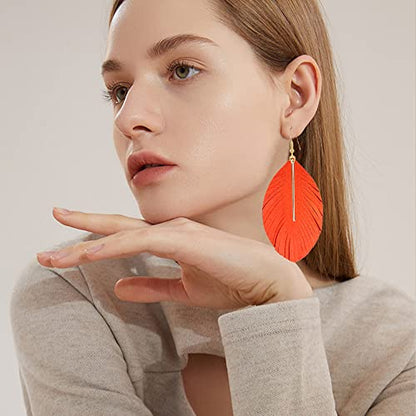 YUNXI Large Genuine Soft Leather Handmade Fringe Feather Lightweight Leaf with Simple Drop Metal Bar Tear Drop Dangle Color Earrings for Women - color: Orange