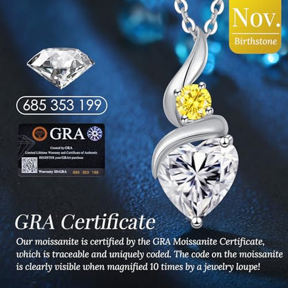 ANDSO Heart Moissanite Necklaces Birthday Jewelry Gifts for Women | S925 Silver /Gold Plating Birthstone Necklace, Ideal Anniversary Christmas Valentine Present for Mom Wife Her Girlfriend - style: Silver-2 Carat-Citrine Yellow