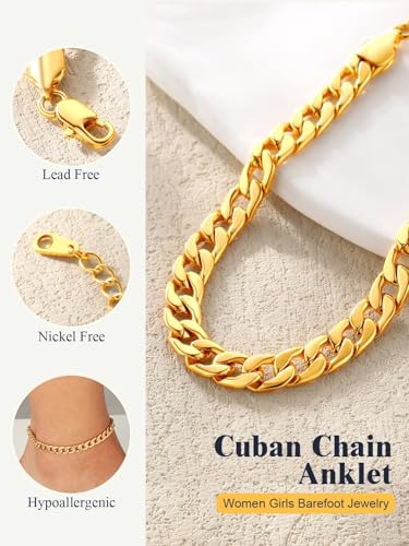 U7 Ankle Bracelets for Women Stainless Steel Waterproof Tarnish Resistant | 18K Gold Plated/Silver/Rose Gold Anklets, Cuban Chain Anklet Bracelets, Perfect for Summer Beach and Vacation Outfits - color: Gold Plated-5mm-Cuban Chain