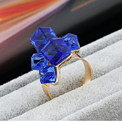 Hebelee Boho Square Crystal Statement Ring for Women Adjustable | Gold-Toned Expandable Promise Engagement Geometric Rings Comfort Fit Elegant Art Deco Christmas Cocktail Y2K Jewelry - color: Blue