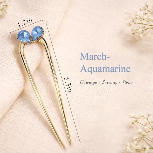 French Hair Pin for Women - Gold Fashion Hair Pins for Women, Dainty U shaped Hair Pins Fashion Accessorries, French Twist Hair Pin Birthday Gifts, Aquamarine March Birthstone - color: March-Aquamarine