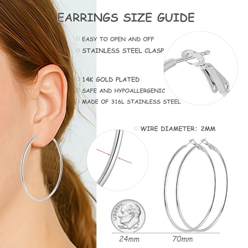 70mm Big Large Stainless Steel Gold Silver Hoop Earrings for Women | Hypoallergenic, Thin, 14K Gold Plated, Lightweight Dangle - color: 1 Pairs Silver-70mm