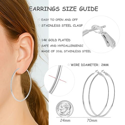 70mm Big Large Stainless Steel Gold Silver Hoop Earrings for Women | Hypoallergenic, Thin, 14K Gold Plated, Lightweight Dangle - color: 1 Pairs Silver-70mm