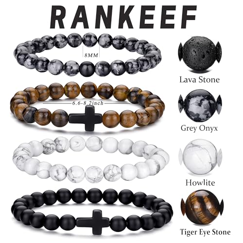 Mens Beaded Bracelets Set 8MM Tiger Eye Lava Stone Stretch Natural Stone Men's Bead Bracelet Mens Bracelet - color: 4,Cross Bead Bracelets
