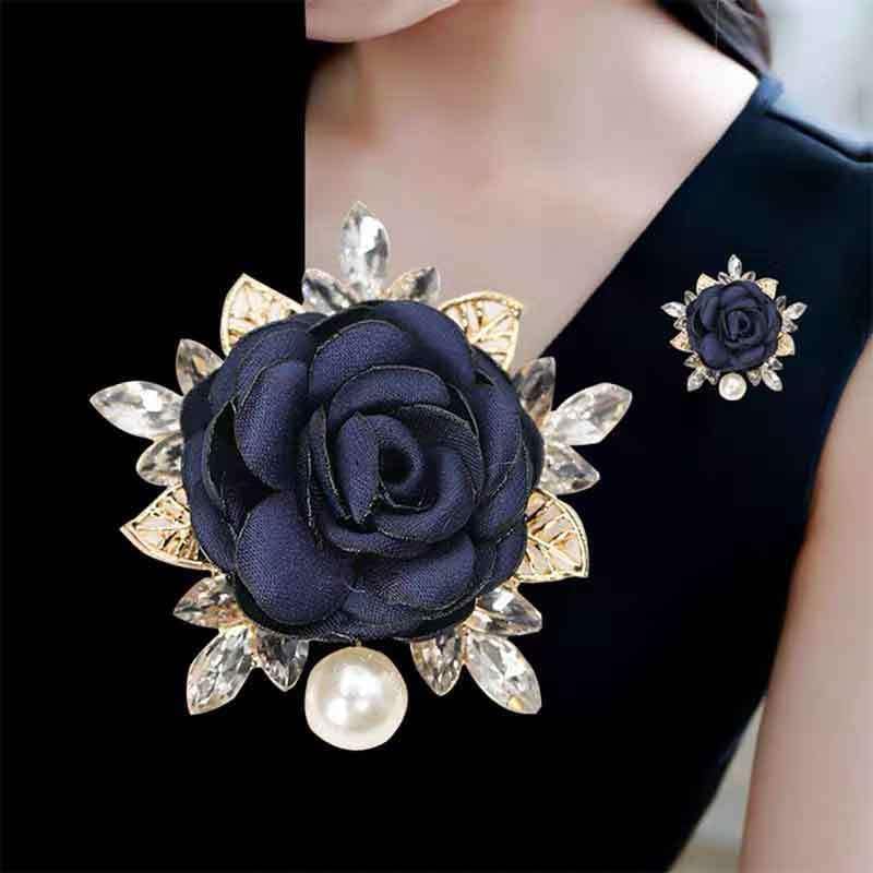 Rose Flower Brooch for Women Large Flower Brooch Elegant Pearl Brooches Handmade Crystal Pearl Pins Fabric Floral Lapel Pin Christmas Valentine's Day Dress Suit Accessories - color: dark blue