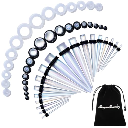JieyueJewelry 50/54 Pcs Ear Stretching Kit 14G-00G | Acrylic Tapers & Plugs with Silicone Tunnels, Ear Gauges Expander Set Body Piercing Jewelry for Women and Men - color: Clear Colorful