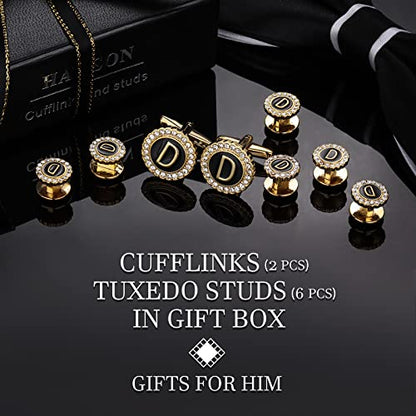 HAWSON 18K Gold Tone Initial Cufflinks for Men with Tuxedo Studs - Gift Boxed, Stylish Men's Jewelry Accessories for Weddings, Birthdays, Anniversaries, Father's Day - color: D-Cufflinks & Studs Set