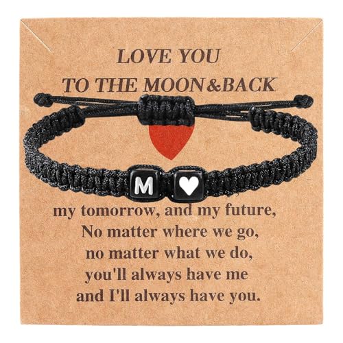 Valentines Day Gifts for Him Her Heart Love Letter Initial Matching Couple Bracelets for Women Men Teen Gifts Best Friend Graduation Birthday Gifts A-Z Braided Bracelet Son Daughter Dad Jewelry - color: Black-M