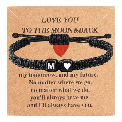 Valentines Day Gifts for Him Her Heart Love Letter Initial Matching Couple Bracelets for Women Men Teen Gifts Best Friend Graduation Birthday Gifts A-Z Braided Bracelet Son Daughter Dad Jewelry - color: Black-M