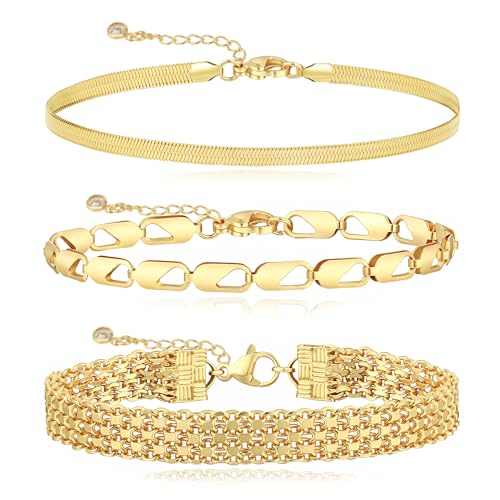 Gold/Silver Bracelets for Women,14K Real Gold Plated Bracelets Stack Trendy Jewelry Sets Stackable Snake Chain Figaro Paperclip Link Chain Adjustable Bracelet Pack Jewelry for Women - style: 3PCS-GD