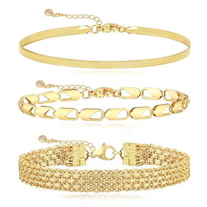 Gold/Silver Bracelets for Women,14K Real Gold Plated Bracelets Stack Trendy Jewelry Sets Stackable Snake Chain Figaro Paperclip Link Chain Adjustable Bracelet Pack Jewelry for Women - style: 3PCS-GD