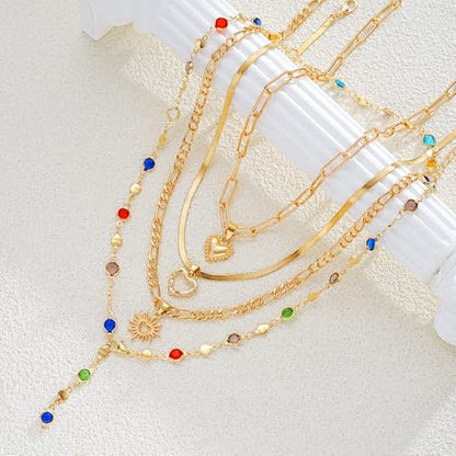 Colorful Crystal Long Necklace for Women Dainty Boho Y-Shaped Color Bead Necklaces Sparkly Rhinestone Pendant Layered Gold Long Chain Choker Good Luck Trend Jewelry Gift Jewelry - color: 4pcs-Gold