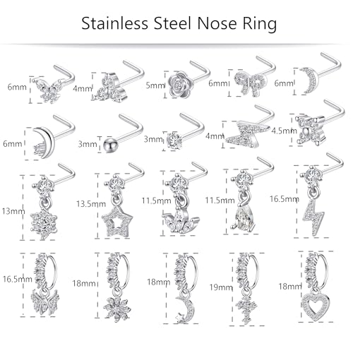 20Pcs Gold/Silver Dangle Nose Ring L Shaped Dangling Nose Stud Stainless Steel Nose Ring Studs CZ Cross Heart Snowflower Butterfly Moon Flower Dangle Nose Rings Hoops Nose Piercing 20G for Women - color: Silver