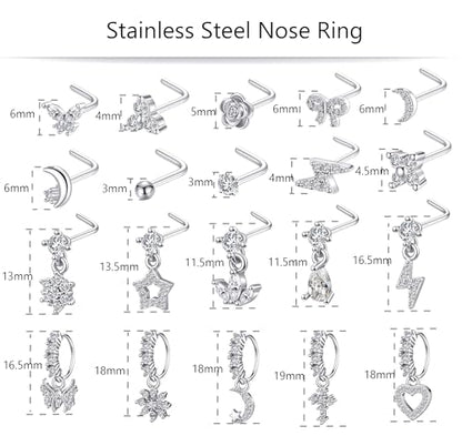 20Pcs Gold/Silver Dangle Nose Ring L Shaped Dangling Nose Stud Stainless Steel Nose Ring Studs CZ Cross Heart Snowflower Butterfly Moon Flower Dangle Nose Rings Hoops Nose Piercing 20G for Women - color: Silver