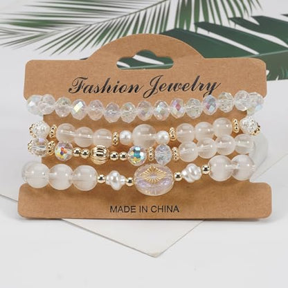 Boho Beaded Bracelet Set for Women - 4 Pcs Multilayer Stackable Crystal Glass Bead Bracelets with Faux Pearl Elastic Stretch Fashion Jewelry for Daily Wear, Beach, Party & Gifts - color: White