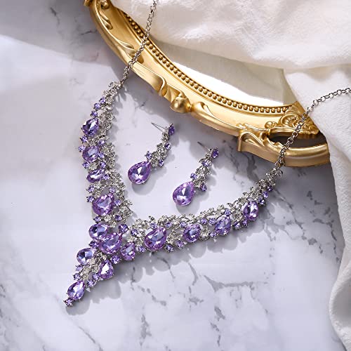 Wedding Bridal Necklace Earrings Jewelry Set for Women | Gorgeous Austrian Crystal Teardrop Flower Cluster for Bridal Bride Bridesmaid - color: 2Pcs-Light Purple Silver-Tone