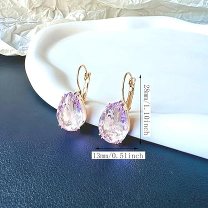 14K Gold Teardrop Crystal Leverback Earrings Sparkly Rhinestone Water Droplet Dangle Drop Earrings For Women - color: Light Purple