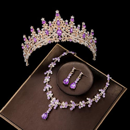 Crystal Crown and Tiara Jewelry Set for Women Bride with Necklace Earrings | Metal Rhinestone Royal Queen Princess Jewelry Set Wedding Quinceanera Pageant Prom Birthday Halloween Party Costume Gift - color: Style E-Gold Purple