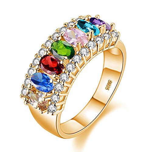 Uloveido Beautiful Women's 7 Stones Wedding Band Oval Cubic Zirconia Engagement Anniversary Rings J501 - color: Gold-Rainbow